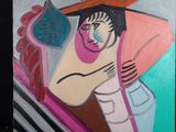 tableau représentant une femme coiffée d'un chapeau, tenant un couteau et une fourchette à la main