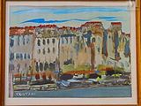 une image d'une peinture d'une ville au bord de l'eau