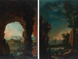 two paintings of a landscape with a cave and a river