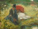 a painting of a woman sitting in a field with an umbrella