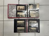 three black and white photos are on a white tile floor