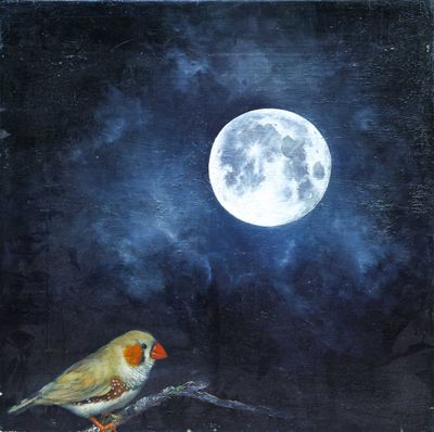 a painting of a bird sitting on a branch with a full moon in the background