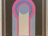 a painting of a pink and blue circle on a brown background