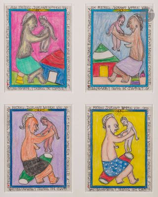 quatre dessins de couleurs différentes représentant un homme et une femme dans des poses variées