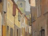 painting of a narrow street with a clock tower in the distance