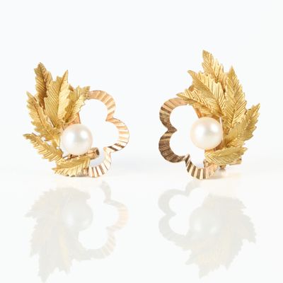 Paire de clips d'oreilles fleurs et feuillages en or sertis … - Photo 1