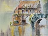 aquarelle représentant une maison sur un pont enjambant un plan d'eau