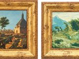 deux tableaux représentant des chevaux et des personnages dans un paysage montagneux, avec une église en arrière-plan