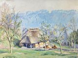 painting of a thatched house in a field with trees in the foreground