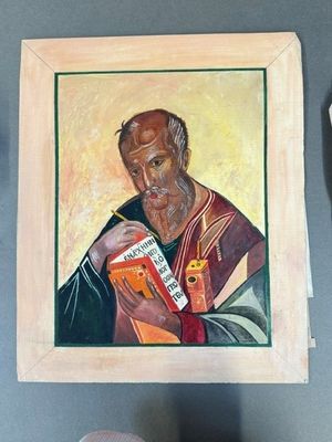 a painting of an old man holding a bottle of beer