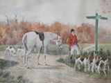 a painting of a man with a horse and a group of dogs