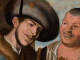 painting of two men with hats and furs standing next to each other