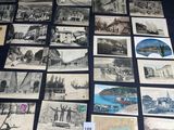 several old black and white photographs of people and buildings
