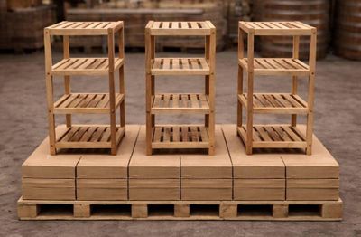 Lot de 60 étagères en bois, quatre niveaux hauteur 1 m dans leur Carto