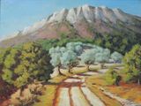 une peinture à l'huile représentant un chemin de terre avec une montagne en arrière-plan