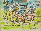 dessin représentant un groupe de chevaux en pleine course sur une piste, avec le ciel en arrière-plan
