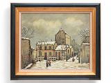 an oil painting of a snowy street scene with a couple walking in the snow