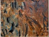 peinture abstraite réalisée à l'aide de peinture marron, bleue et noire sur un châssis blanc
