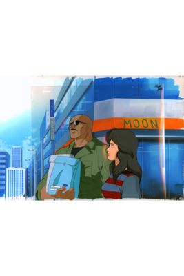 anime scene of a man and a woman standing in front of a building