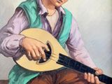painting of a man with a guitar sitting on a bench