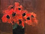 une peinture de fleurs rouges dans un vase sur une table