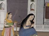painting of two women sitting on a bed with a baby in their lap