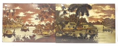 two pictures of a painting on the wall of a house