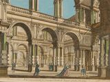 a drawing of a building with columns and a clock tower