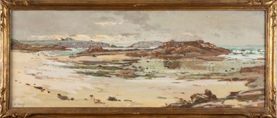 une image représentant un tableau représentant une scène de plage, dans un cadre doré