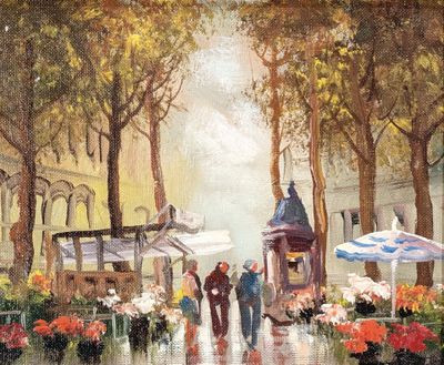 a painting of people walking down the street in the rain