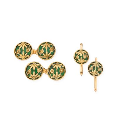 a set of four gold and green enamel cufflinks