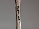 a silver spoon with a silver handle on a gray background