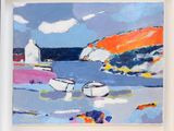 une peinture à l'huile représentant des bateaux dans un port par une journée ensoleillée