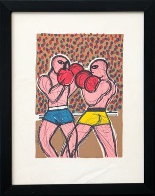 tableau encadré représentant deux boxeurs sur un ring, sur fond à pois