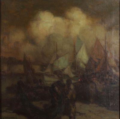 tableau représentant un homme debout devant un bateau sur une plage