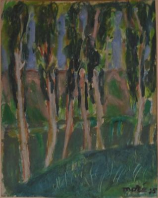 une peinture à l'huile représentant des arbres dans un champ, avec le ciel en arrière-plan
