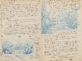 an open book with a drawing of a house and a windmill