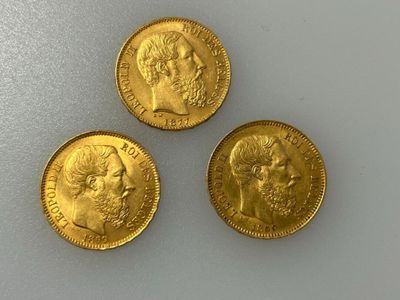 * Trois pièces de 20 F or Léopold II 1869 (x 2), 1877. Poids. 19, 35 g - Photo 1