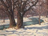 an oil painting of a snowy landscape with trees and a stream