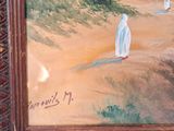 a painting of two people walking down a dirt road