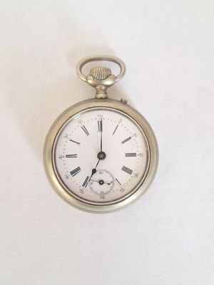 a silver pocket watch with roman numerals on the face