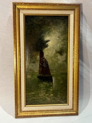 une peinture à l'huile représentant un voilier au milieu d'un plan d'eau