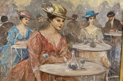 un tableau représentant une femme assise à une table avec d'autres personnes