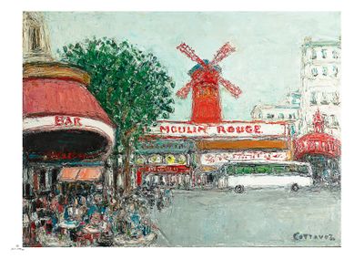 an oil painting of a street scene with a windmill in the background