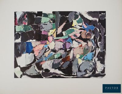 abstract painting of a man riding a bike on a black and white background