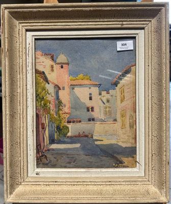 une peinture à l'huile représentant une scène de rue avec des bâtiments et un chien au premier plan