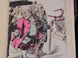 a book with a cartoon of a man in a pink coat