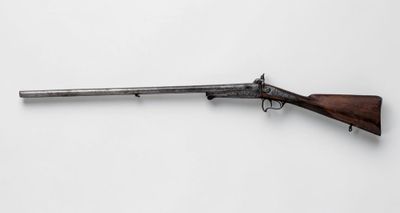 a rifle on a white background with a wooden handle