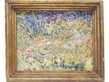 une peinture à l'huile représentant un champ de fleurs, dans un cadre doré