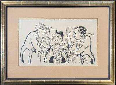 un dessin en noir et blanc d'un groupe de personnes dans une pièce